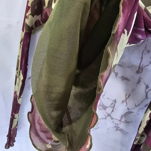 Vintage 90s Y2K Shirt Women Small Green Mesh Lettuce Hem Sheer Floral Rose - Picture 8 of 13